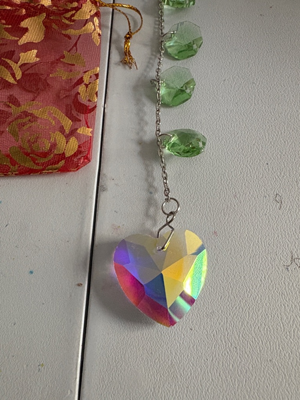 Hand Crafted Iridescent Heart Suncatcher with Green Beads - Picture 2 of 4